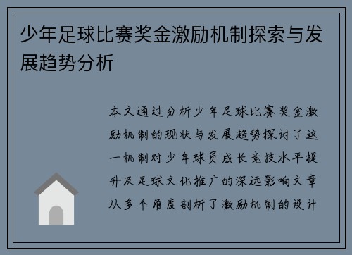 少年足球比赛奖金激励机制探索与发展趋势分析