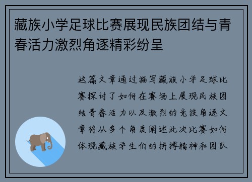 藏族小学足球比赛展现民族团结与青春活力激烈角逐精彩纷呈