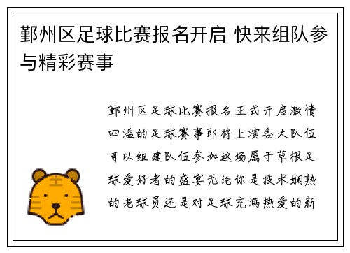 鄞州区足球比赛报名开启 快来组队参与精彩赛事