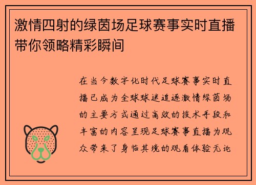 激情四射的绿茵场足球赛事实时直播带你领略精彩瞬间