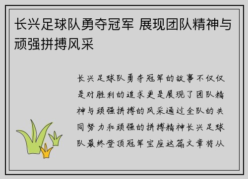 长兴足球队勇夺冠军 展现团队精神与顽强拼搏风采