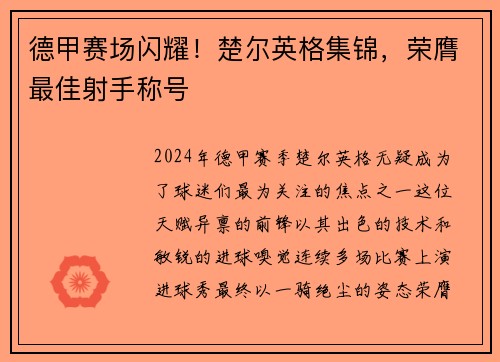 德甲赛场闪耀！楚尔英格集锦，荣膺最佳射手称号