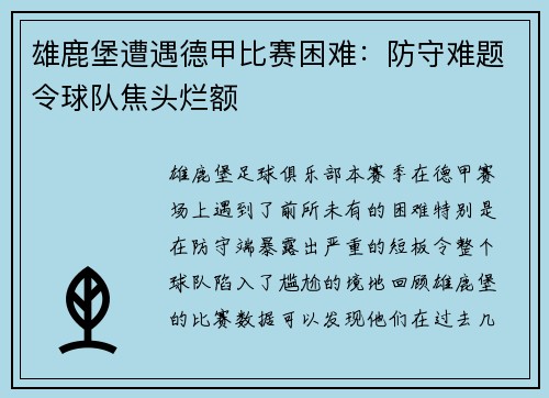 雄鹿堡遭遇德甲比赛困难：防守难题令球队焦头烂额
