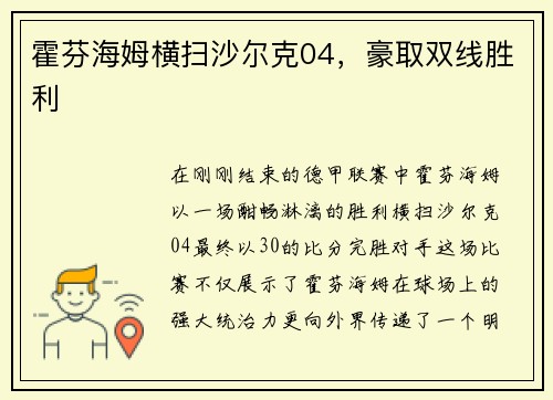 霍芬海姆横扫沙尔克04，豪取双线胜利