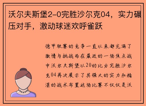 沃尔夫斯堡2-0完胜沙尔克04，实力碾压对手，激动球迷欢呼雀跃
