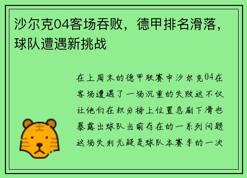 沙尔克04客场吞败，德甲排名滑落，球队遭遇新挑战