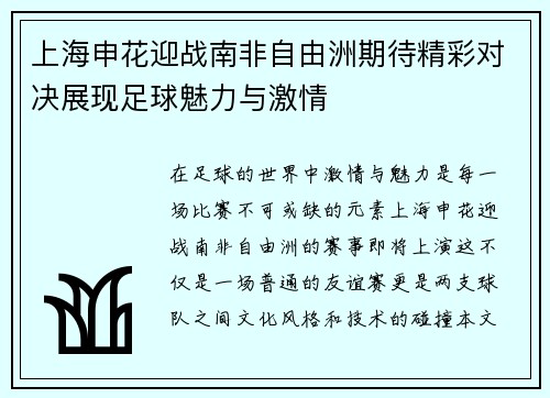 上海申花迎战南非自由洲期待精彩对决展现足球魅力与激情
