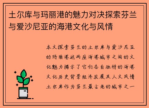 土尔库与玛丽港的魅力对决探索芬兰与爱沙尼亚的海港文化与风情