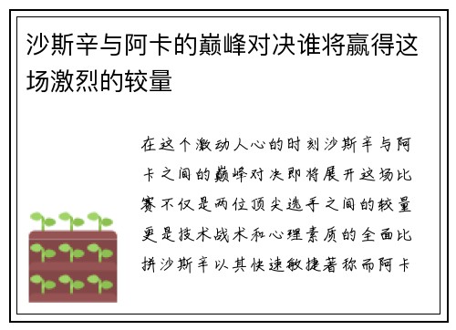 沙斯辛与阿卡的巅峰对决谁将赢得这场激烈的较量