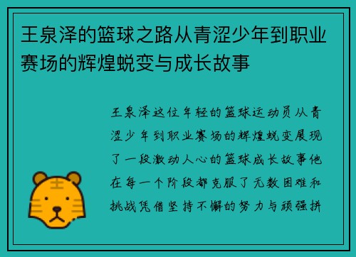 王泉泽的篮球之路从青涩少年到职业赛场的辉煌蜕变与成长故事