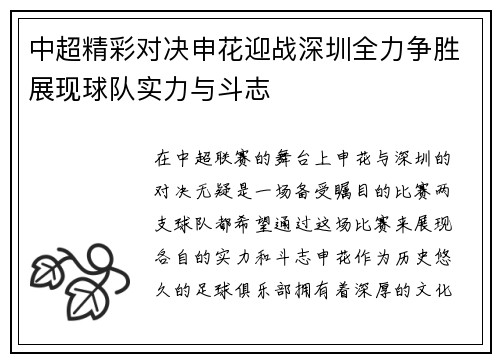 中超精彩对决申花迎战深圳全力争胜展现球队实力与斗志
