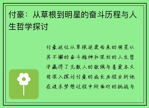 付豪：从草根到明星的奋斗历程与人生哲学探讨