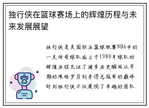 独行侠在篮球赛场上的辉煌历程与未来发展展望