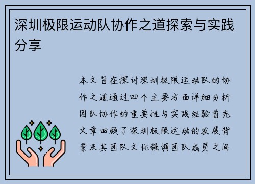 深圳极限运动队协作之道探索与实践分享