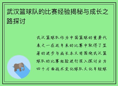 武汉篮球队的比赛经验揭秘与成长之路探讨