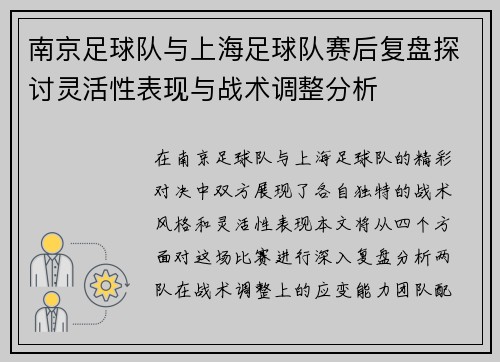 南京足球队与上海足球队赛后复盘探讨灵活性表现与战术调整分析