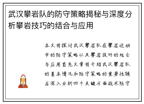 武汉攀岩队的防守策略揭秘与深度分析攀岩技巧的结合与应用